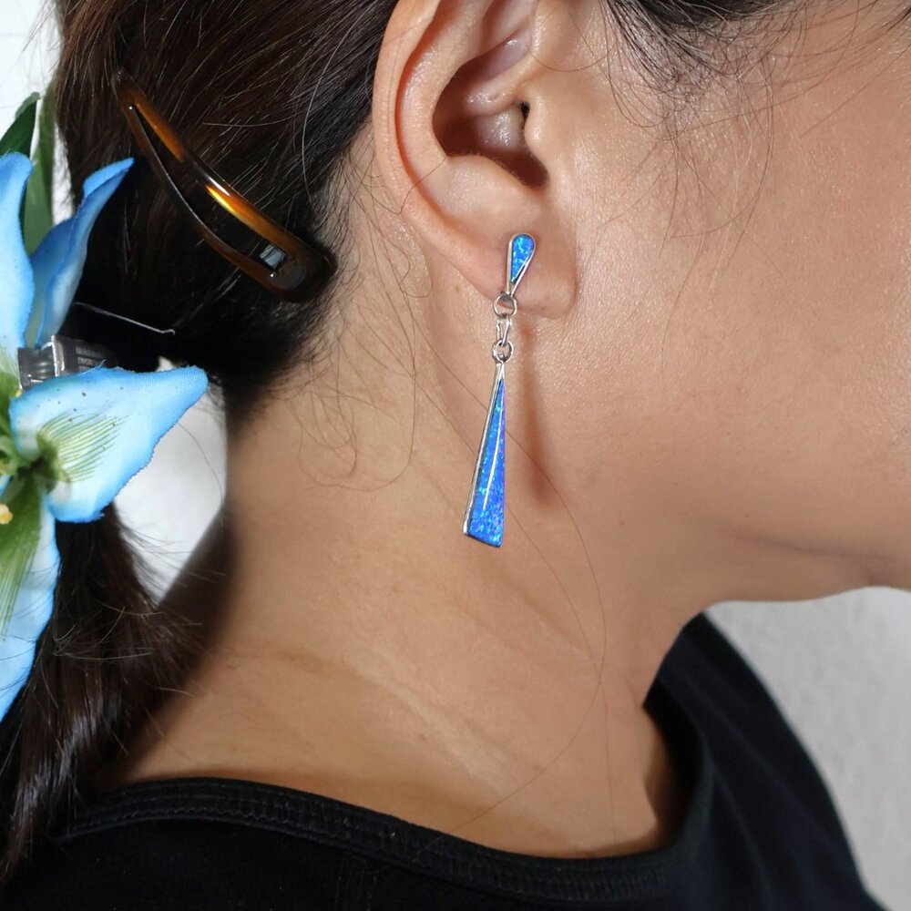 Zuni Offset Triangle‎ Dangle Earrings Sterling Silver Opal Native American** - Picture 8 of 11